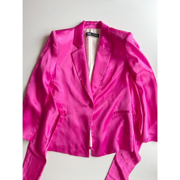 ZARA Hot Pink Satin Waist Tie Oversized Single Breasted Blazer Jacket, Size L - Picture 7 of 15